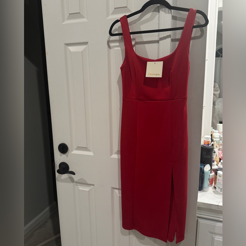 Red dress with slit showpo